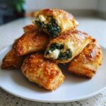 A stack of golden brown, crispy Knapperige Spinazie Bites filled with spinach and feta cheese.