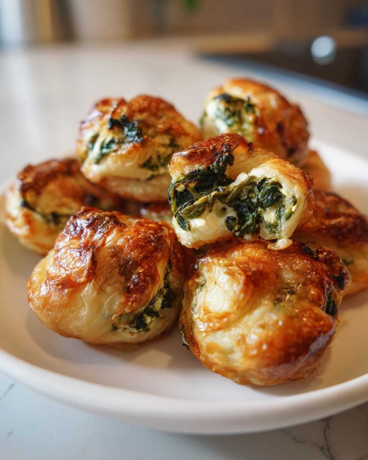 Close-up of golden brown Knapperige Spinazie Bites met Feta en Gesmolten Kaas piled on a white plate.