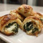 Close-up of golden brown, flaky Knapperige Spinazie Bites cut open to show the spinach and melted feta cheese filling.