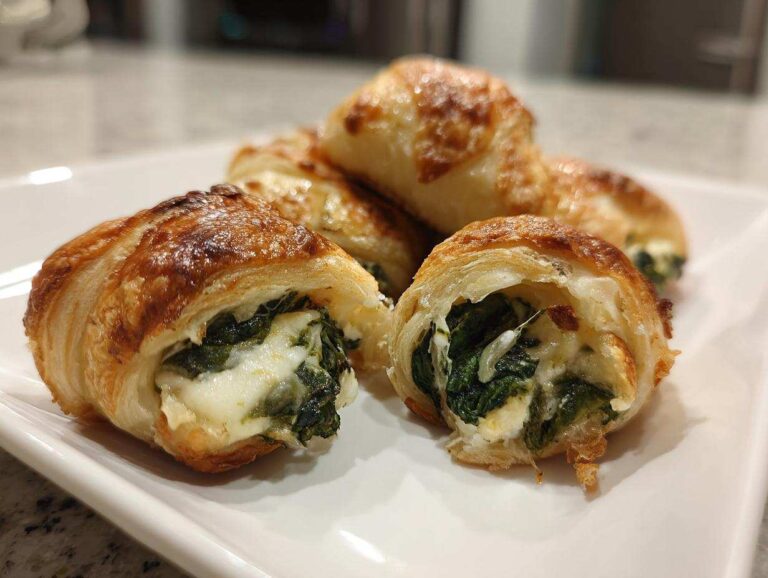 Close-up of golden brown, flaky Knapperige Spinazie Bites cut open to show the spinach and melted feta cheese filling.