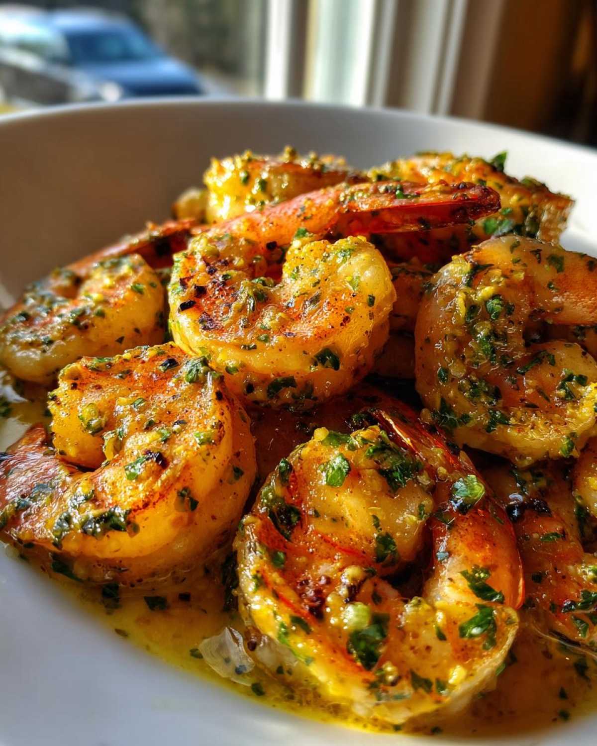 Close-up of juicy, cooked shrimp coated in a rich sauce with visible parsley, representing Lemon Garlic Shrimp.