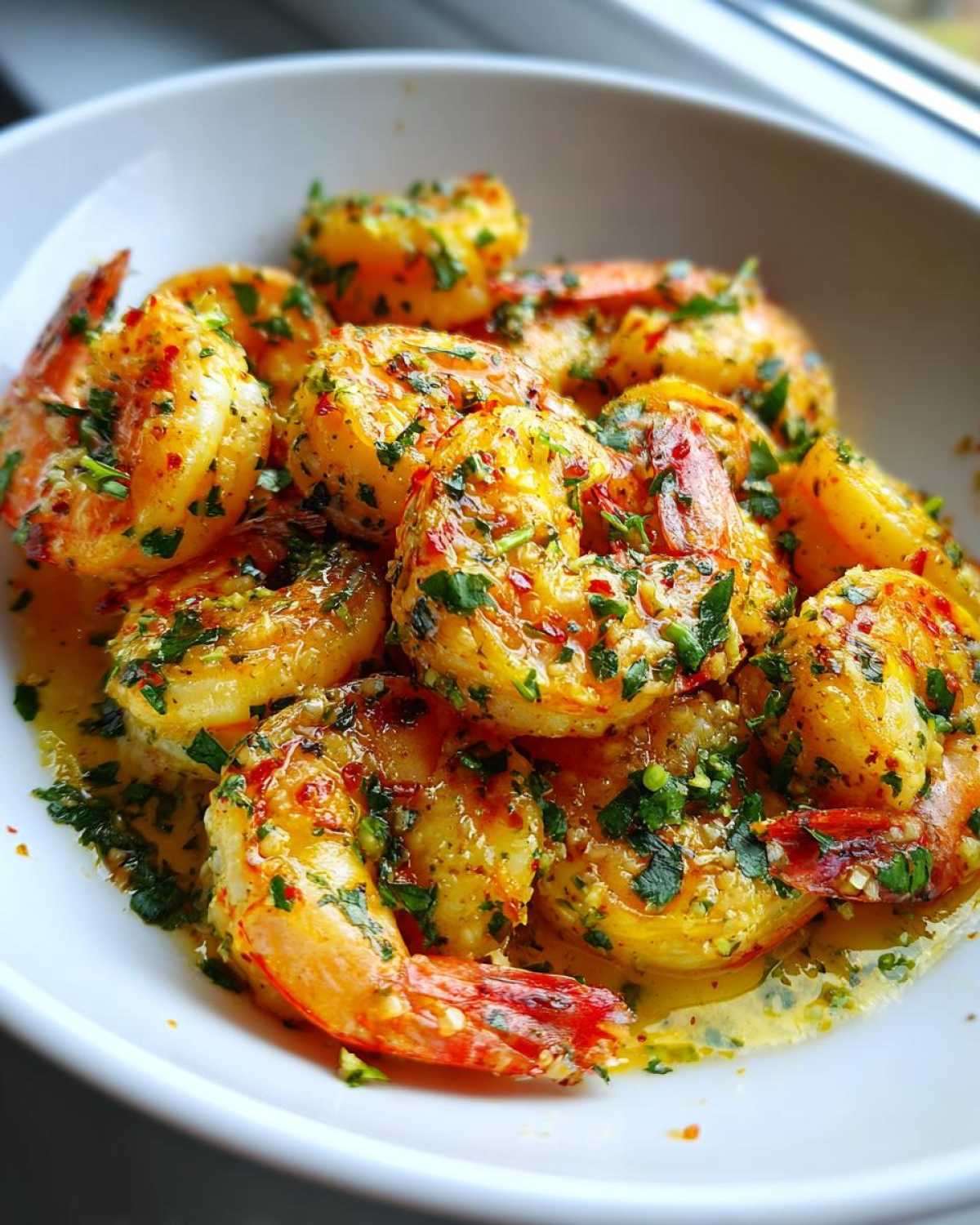 A close-up of succulent, cooked Lemon Garlic Shrimp coated in a buttery sauce with visible parsley and red pepper flakes.