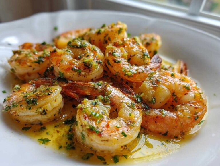 Close-up of succulent Lemon Garlic Shrimp coated in butter, garlic, and parsley sauce, served on a white dish.