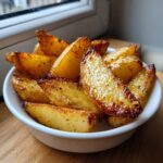 A close-up of golden, crispy wedges of Lemon Greek Potatoes seasoned with pepper, served in a white bowl.