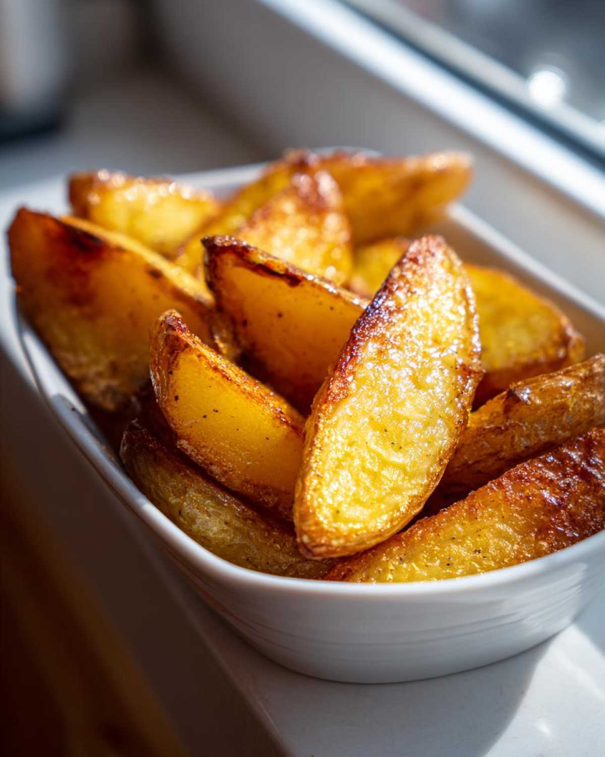 Close-up of golden, crispy Lemon Greek Potatoes wedges served in a small white bowl.
