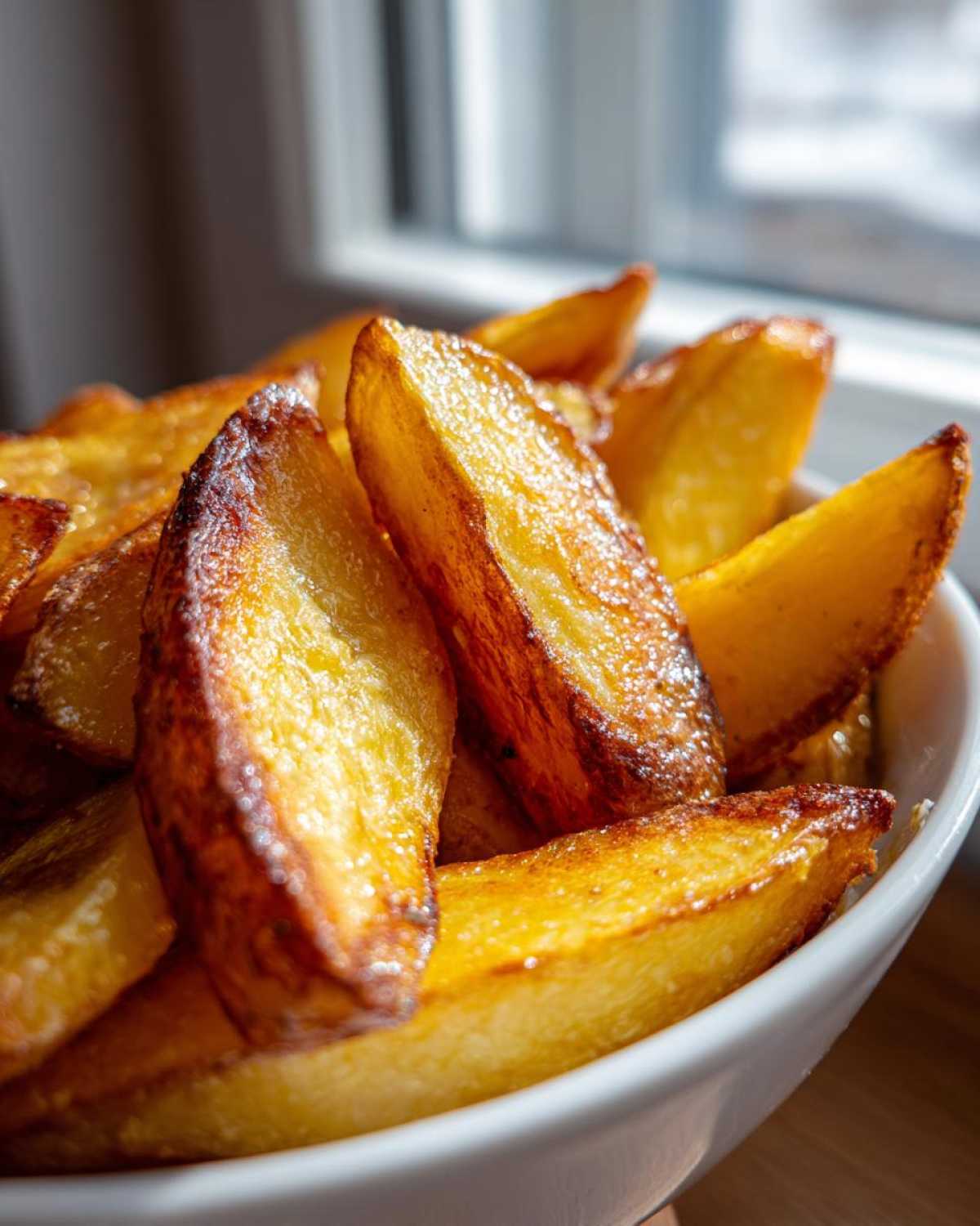 Close-up of crispy, golden-brown Lemon Greek Potatoes wedges piled high in a white serving bowl.