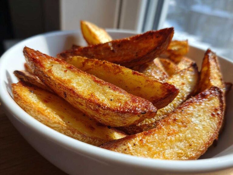 Close-up of crispy, golden brown Lemon Greek Potatoes wedges served in a white bowl.