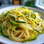 Close-up of a bright white bowl filled with Lemon Zucchini Pasta, topped with green zucchini ribbons and yellow lemon zest.