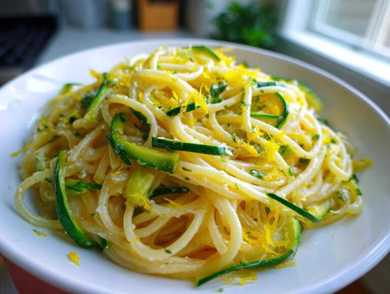 Close-up of a bright white bowl filled with Lemon Zucchini Pasta, topped with green zucchini ribbons and yellow lemon zest.
