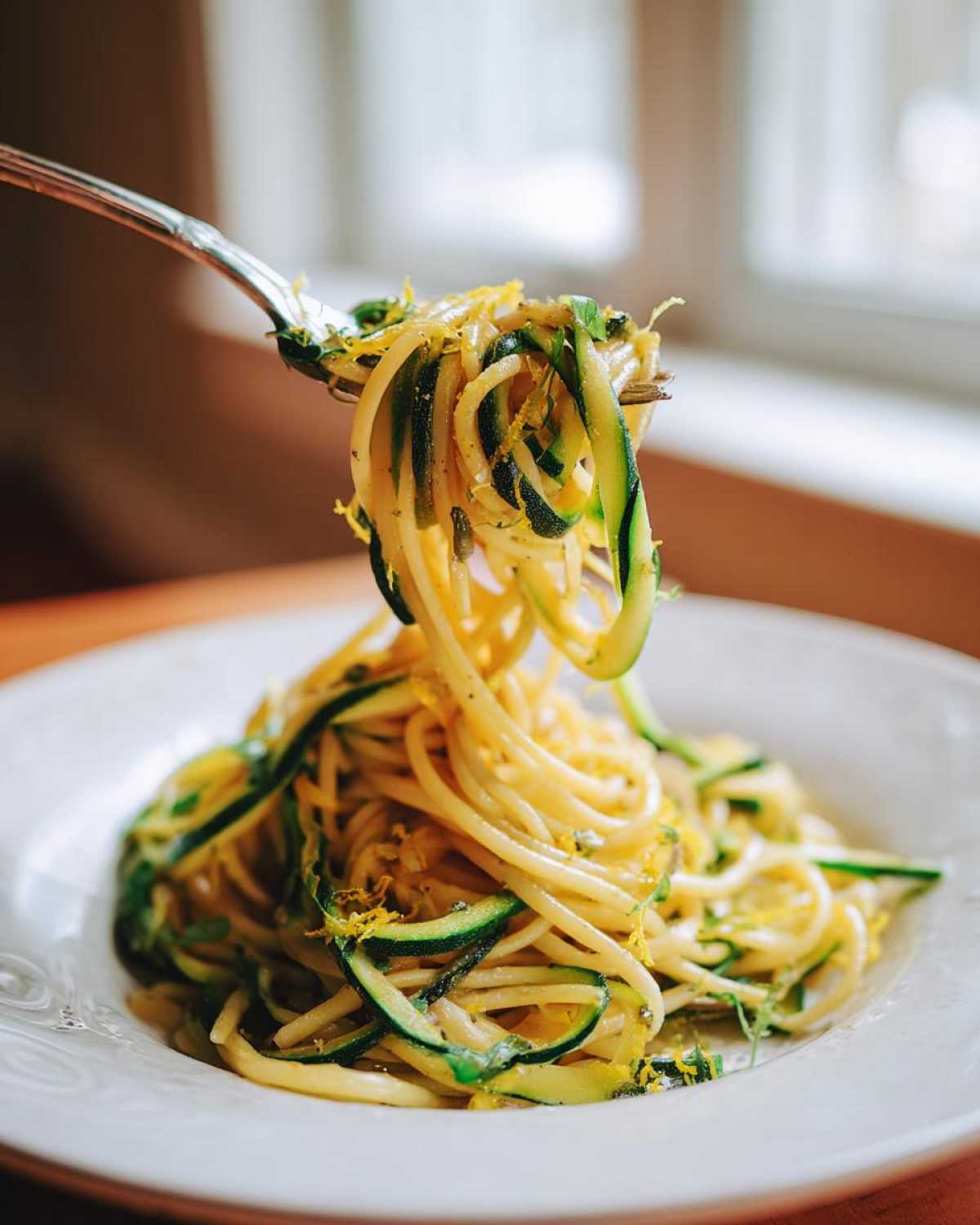 A fork lifting a twirl of Lemon Zucchini Pasta mixed with ribbons of zucchini and bright yellow lemon zest.