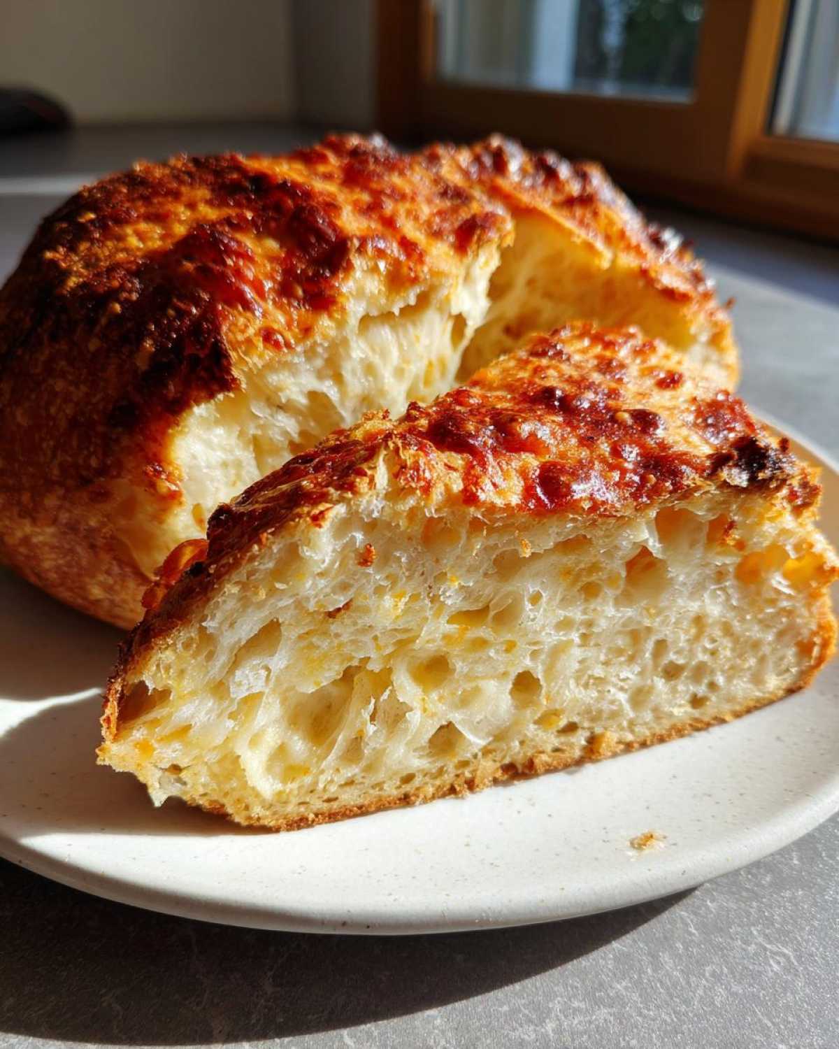 A slice of No Knead Cheddar Bread showing an open, airy crumb and a golden, cheesy crust.