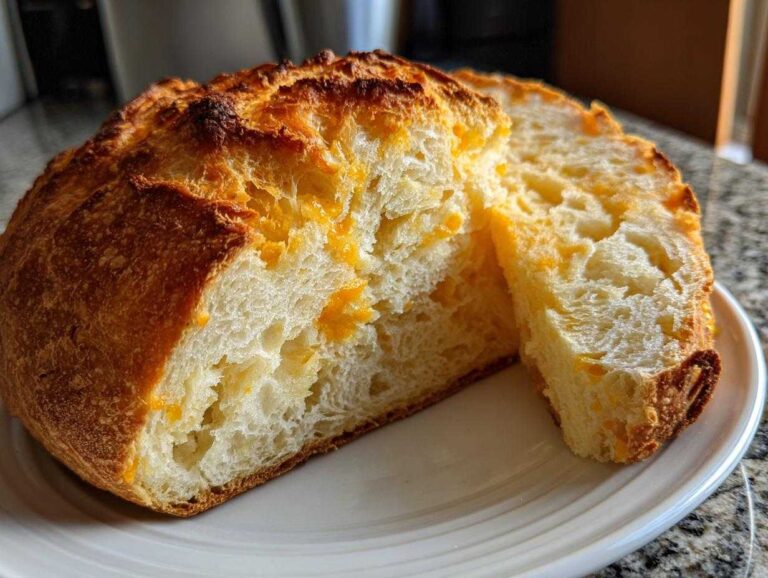 A rustic loaf of No Knead Cheddar Bread in Dutch Oven, sliced open to show the cheesy interior and golden crust.
