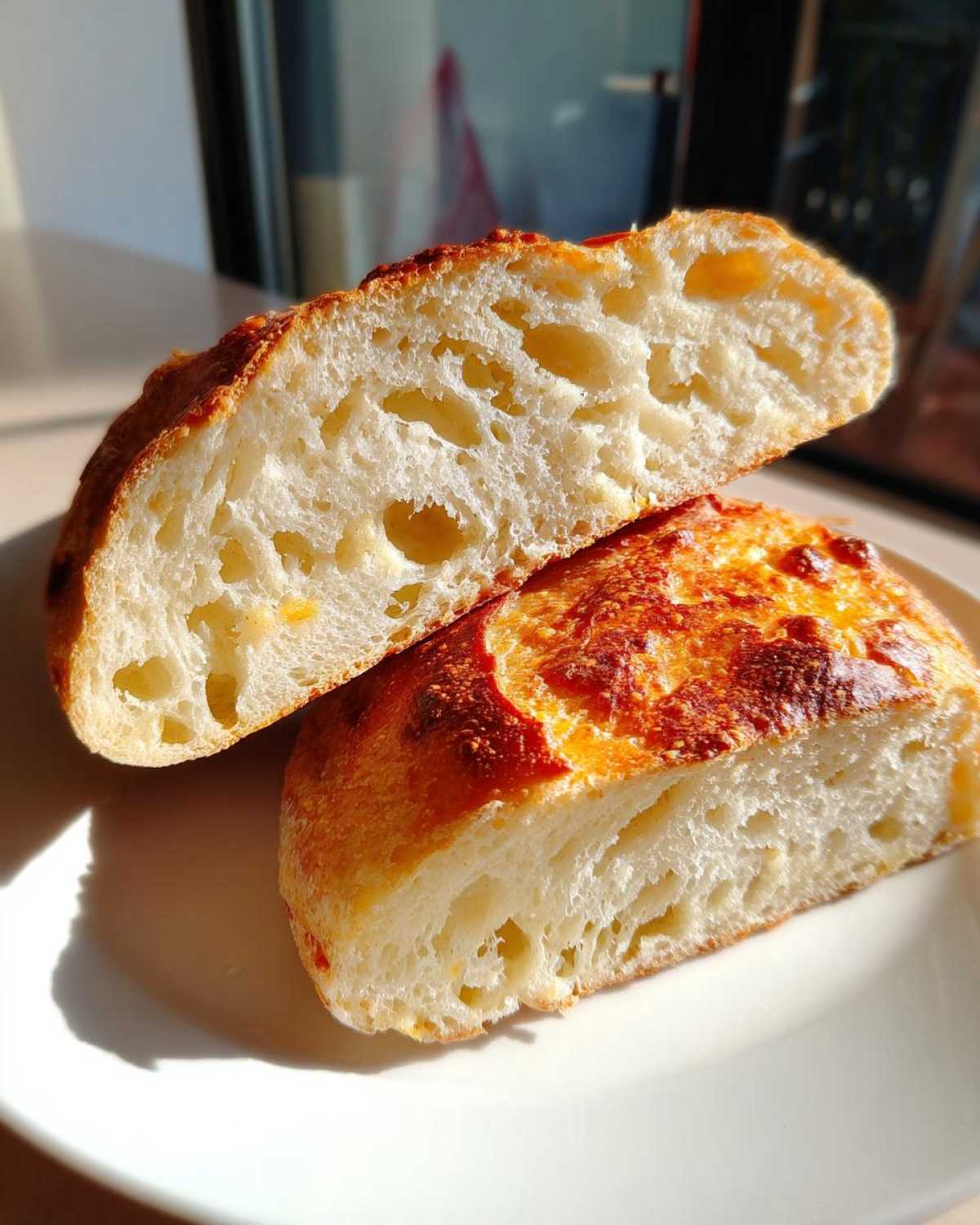 Two halves of No Knead Cheddar Bread showing an open, airy crumb structure and a golden, cheesy crust.