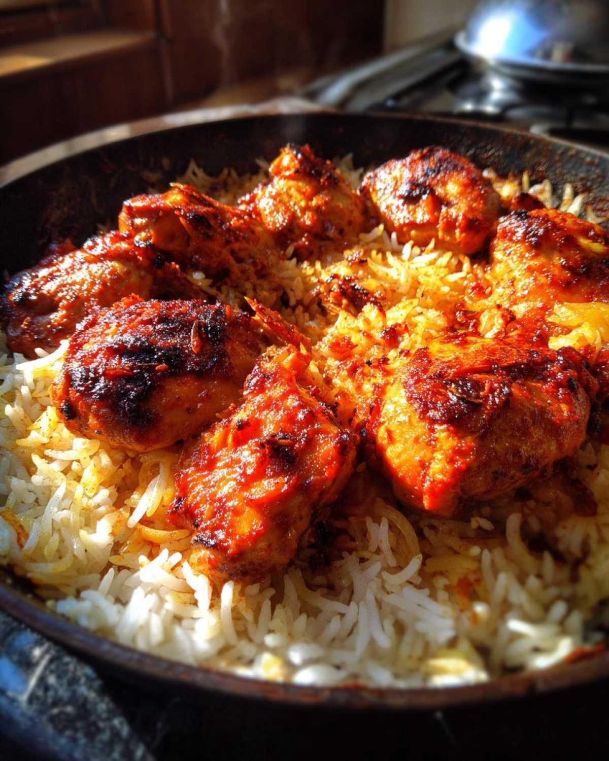 Close-up of beautifully charred One Pan Tandoori Chicken Rice cooked together in a dark skillet.