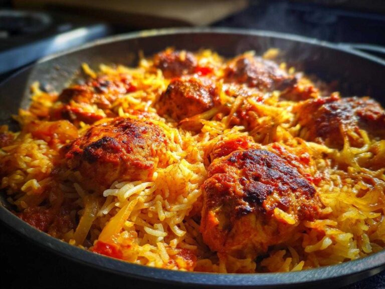 Close-up of steaming One Pan Tandoori Chicken Rice with browned chicken pieces nestled in spiced yellow rice.