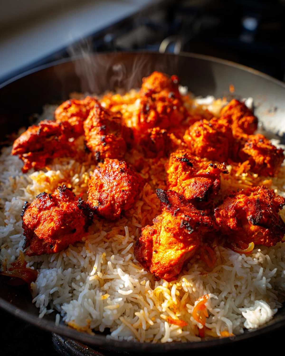 Close-up of vibrant red tandoori chicken pieces resting on fluffy white rice in a dark pan, steam rising from the One Pan Tandoori Chicken Rice.
