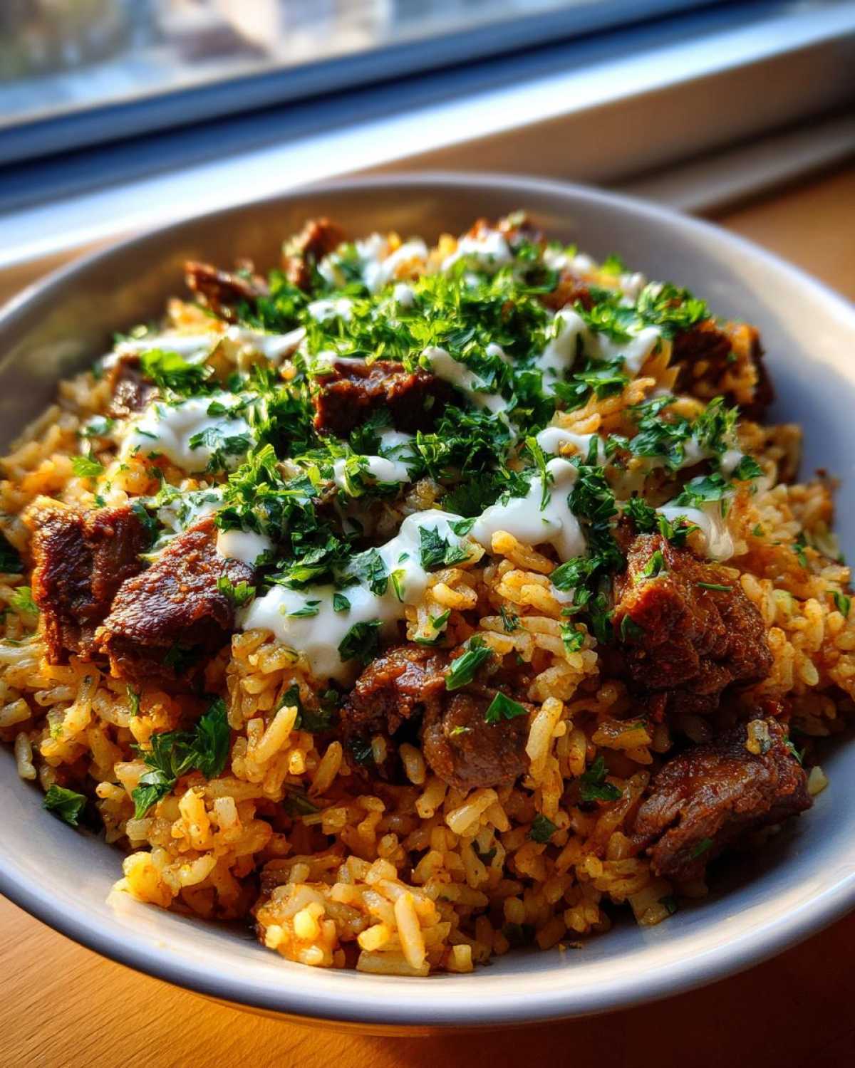 A close-up bowl of One Pot Chicken Shawarma Rice topped with yogurt sauce and fresh parsley.