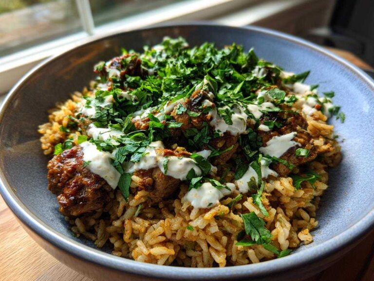 Close-up of a bowl of One Pot Chicken Shawarma Rice topped with seasoned chicken, white sauce, and fresh parsley.