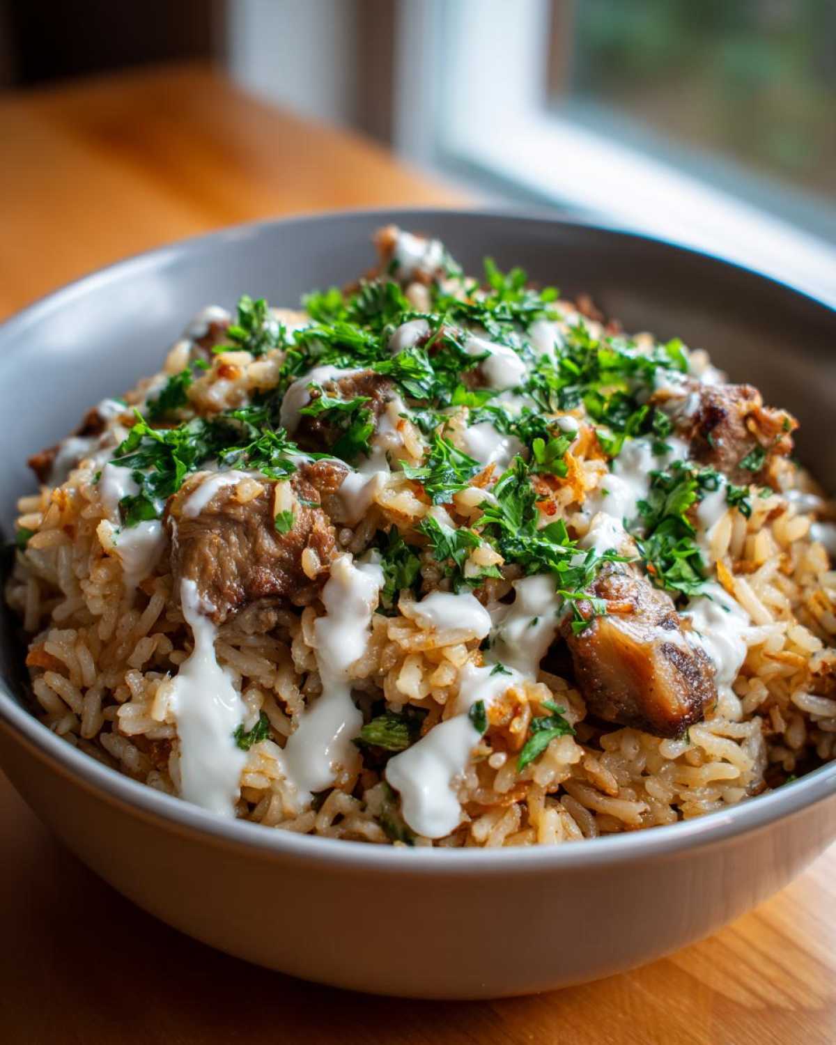 Close-up of One Pot Chicken Shawarma Rice topped with white sauce and fresh parsley in a gray bowl.