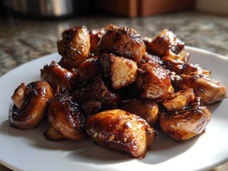 A pile of glossy, caramelized Oven-Roasted Mushrooms with Soy Sauce and Honey served on a white plate.