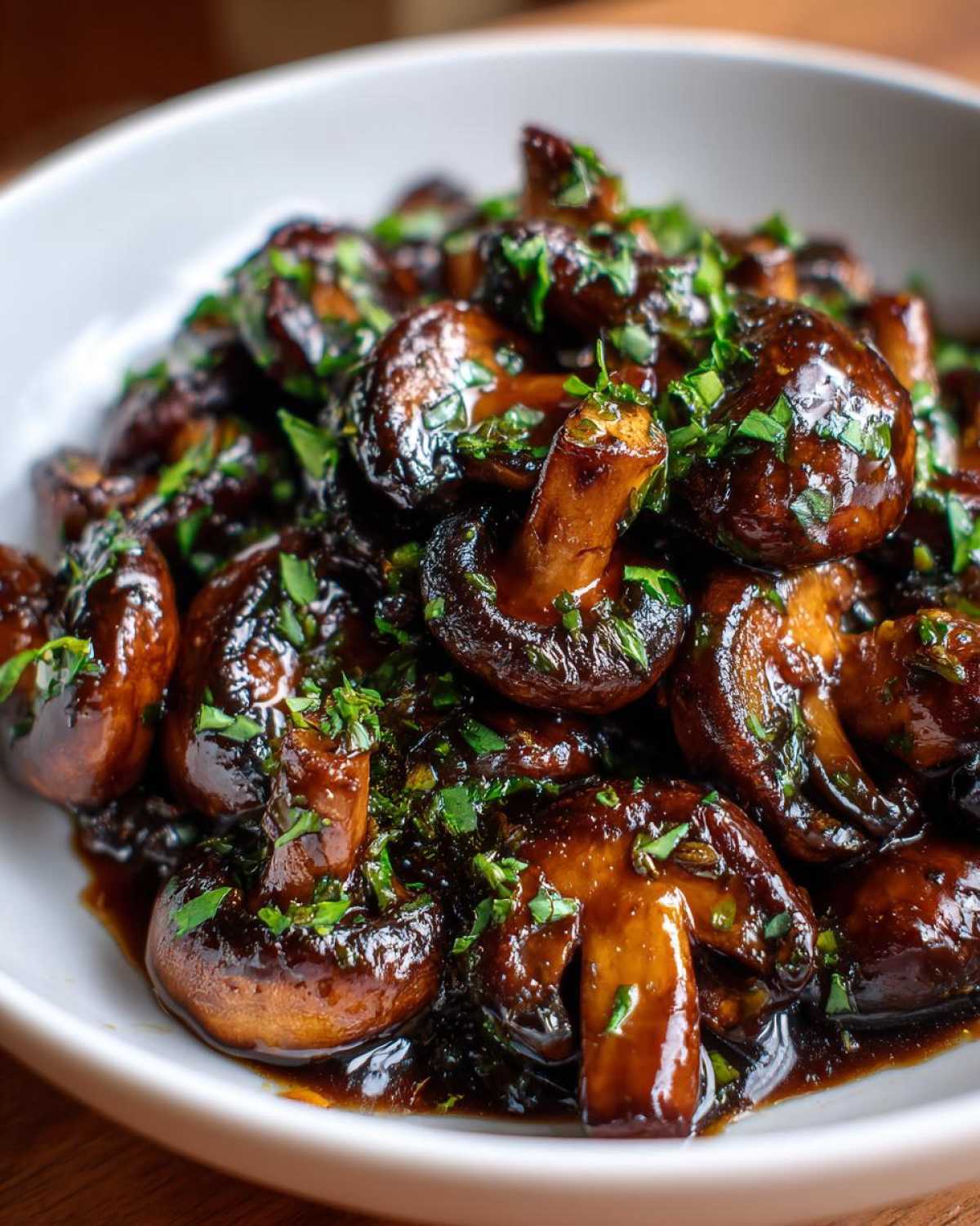 Close-up of glossy Oven-Roasted Mushrooms with Soy Sauce and Honey, garnished with fresh parsley.