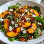 A vibrant bowl of Peach Feta Salad featuring fresh peach slices, crumbled feta, pecans, and a balsamic glaze over arugula.