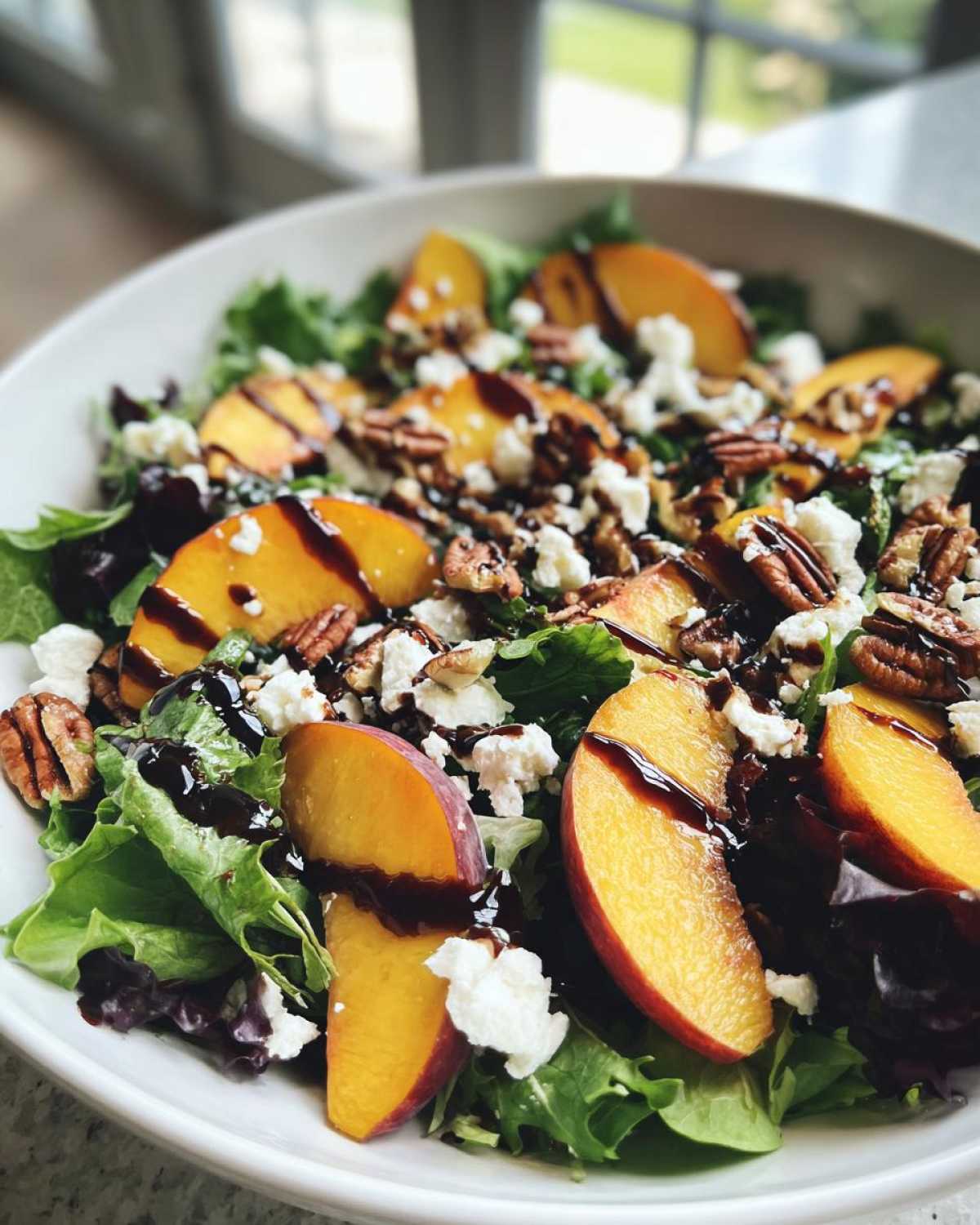 A close-up of a vibrant Peach Feta Salad featuring sliced peaches, crumbled feta, pecans, and a balsamic drizzle over mixed greens.