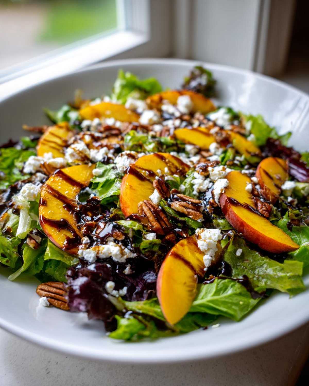 Close-up of a vibrant Peach Feta Salad featuring fresh greens, sliced peaches, crumbled feta, pecans, and a dark balsamic drizzle.