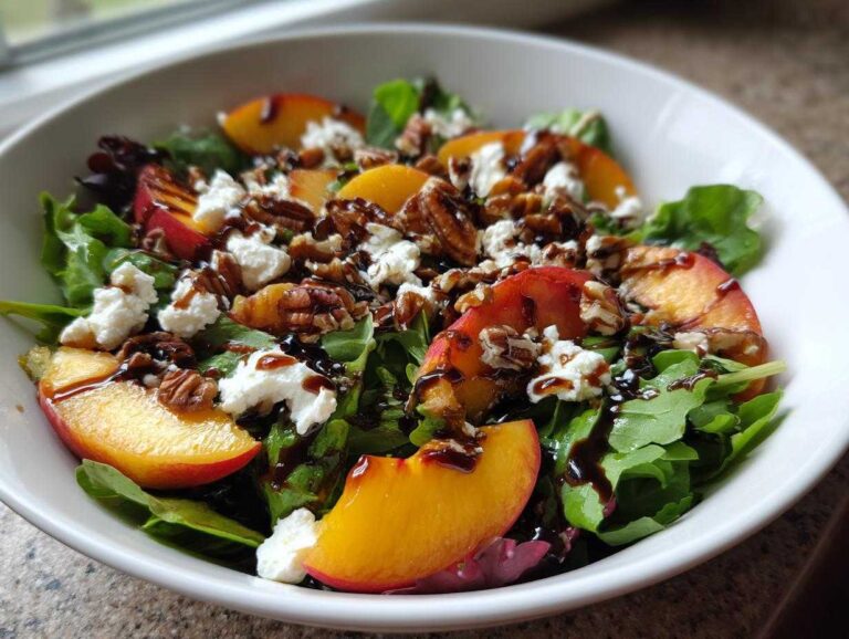 A vibrant close-up of a Peach Feta Salad featuring fresh greens, sliced peaches, crumbled feta, pecans, and a balsamic glaze.