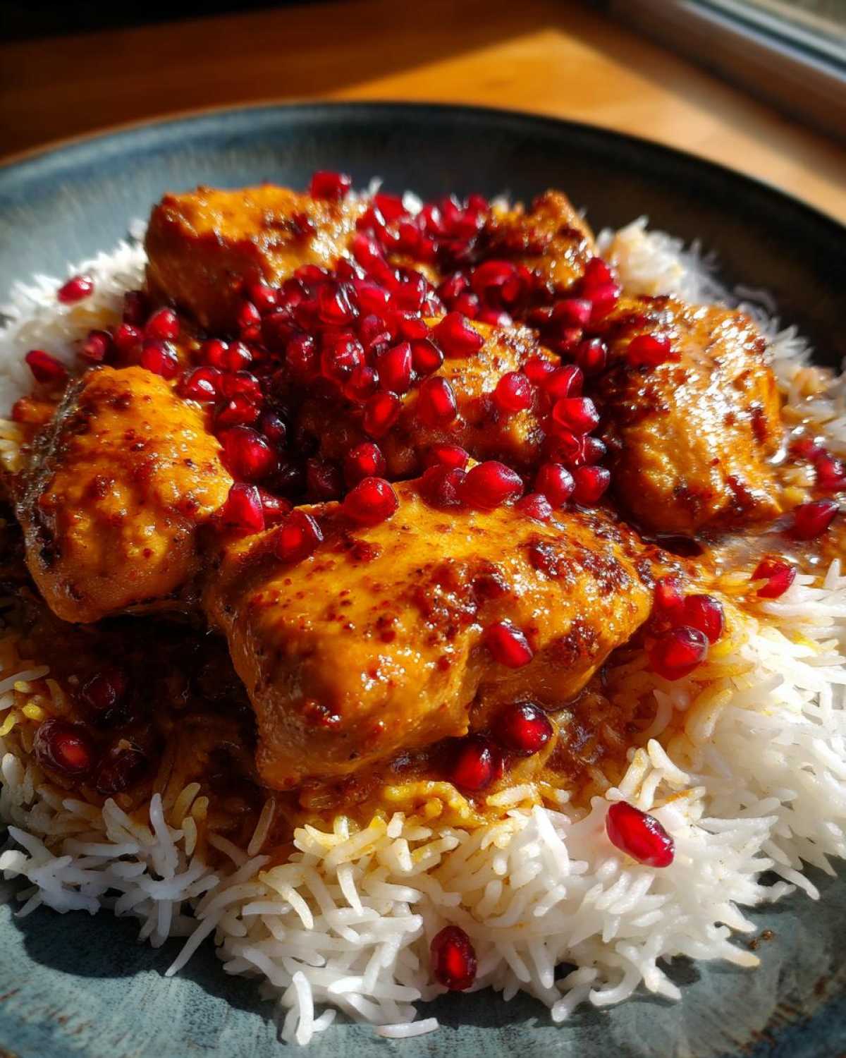Close-up of rich, orange-sauced Persian Chicken served over fluffy white rice and topped with bright red pomegranate seeds.