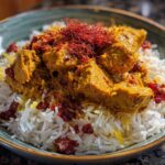 A close-up of a bowl featuring Persian Chicken served over white rice, topped with saffron threads and dried barberries.