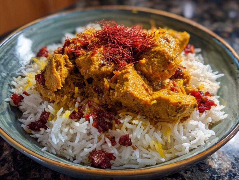 A close-up of a bowl featuring Persian Chicken served over white rice, topped with saffron threads and dried barberries.