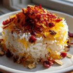 A serving of fluffy white Persian Jeweled Rice Shirin Polo topped with saffron threads, orange zest, and dried cranberries.