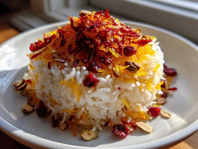 A serving of fluffy white Persian Jeweled Rice Shirin Polo topped with saffron threads, orange zest, and dried cranberries.