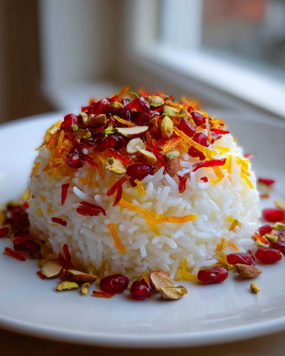 A mound of fluffy white Persian Jeweled Rice Shirin Polo topped with vibrant pistachios, almonds, saffron threads, and pomegranate seeds.