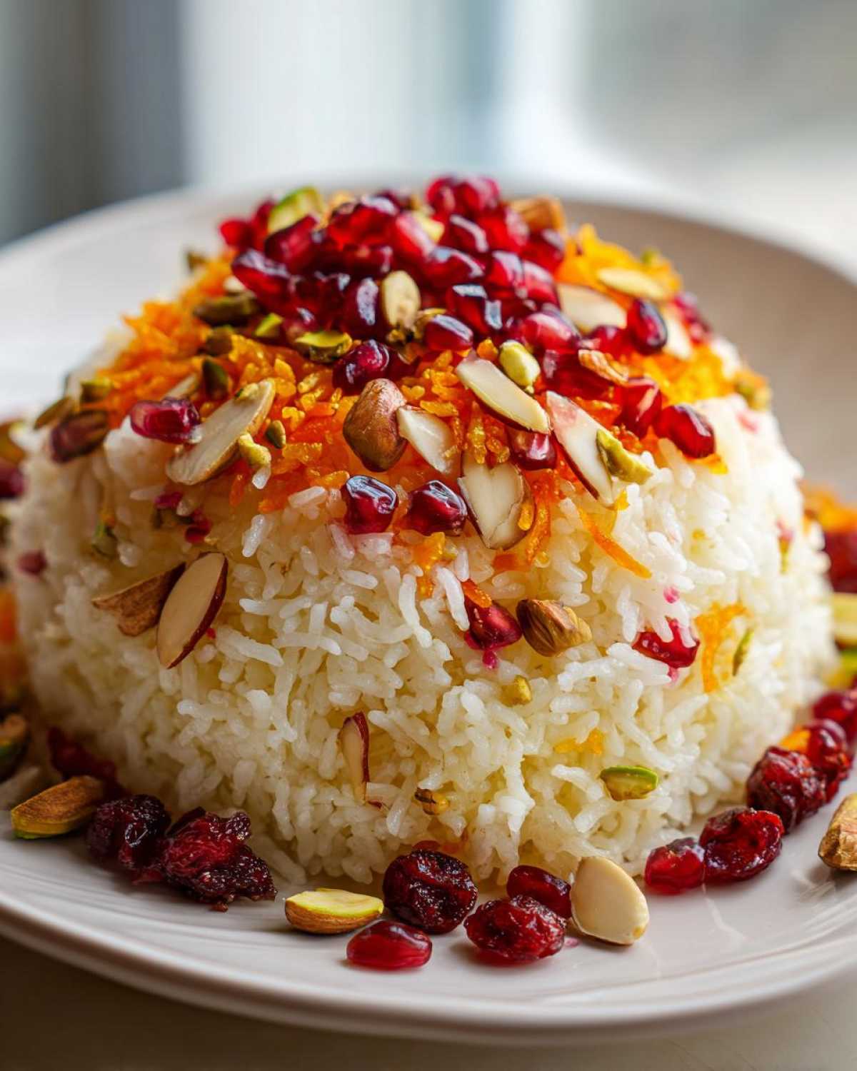 Close-up of a mound of white Persian Jeweled Rice Shirin Polo topped with bright pomegranate seeds, slivered almonds, and pistachios.