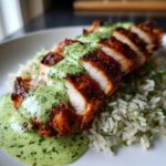 Close-up of sliced, seasoned Peruvian Chicken and Rice topped with vibrant green sauce.