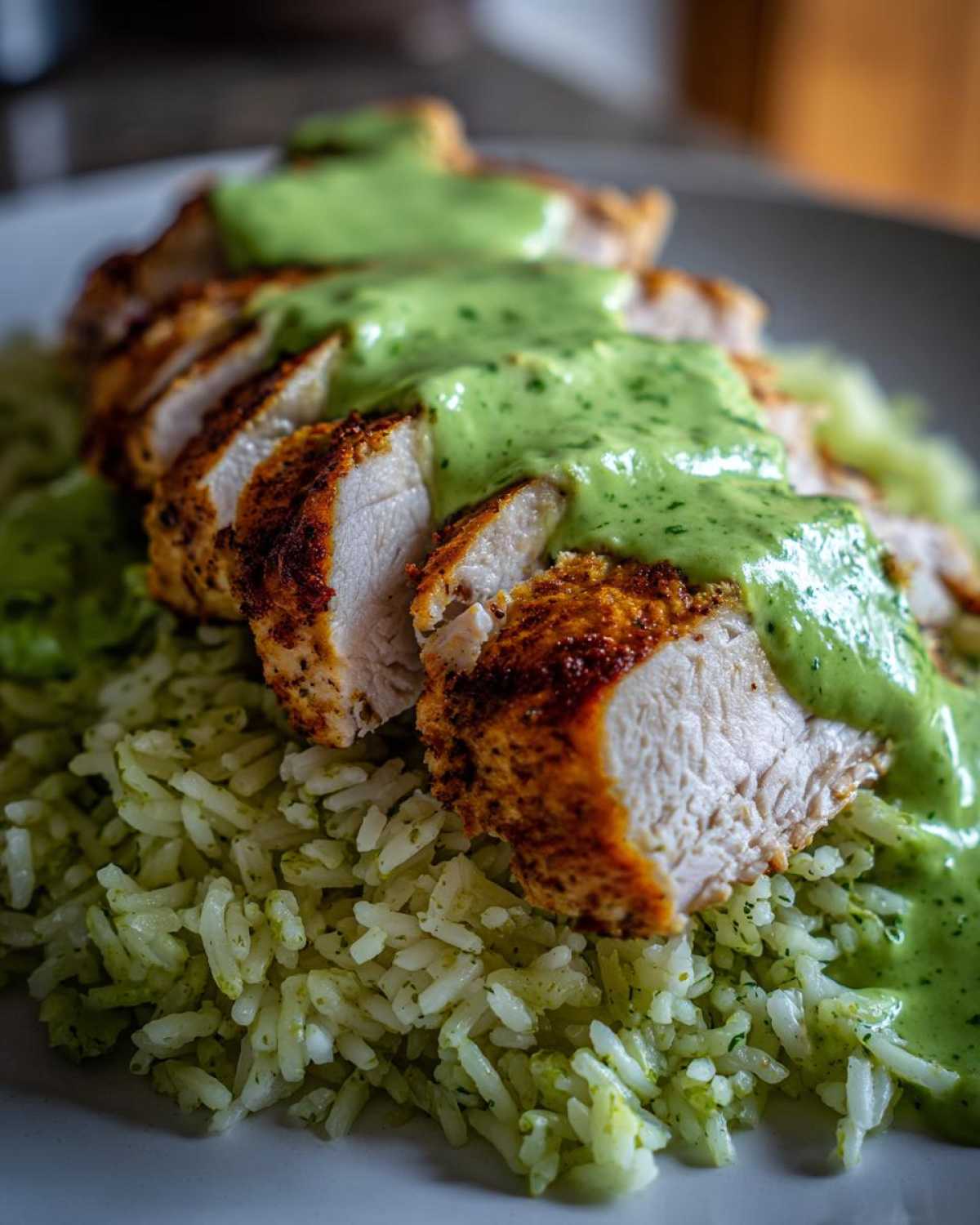 Close-up of sliced, seasoned Peruvian Chicken and Rice topped generously with bright green sauce.