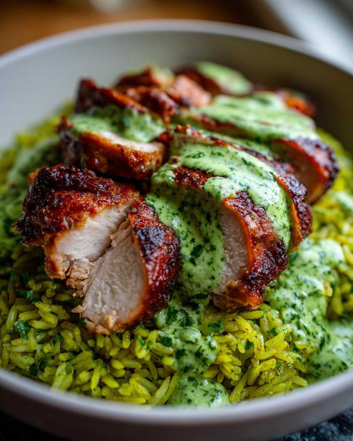 Close-up of sliced Peruvian Chicken and Rice topped with a creamy, bright green sauce.