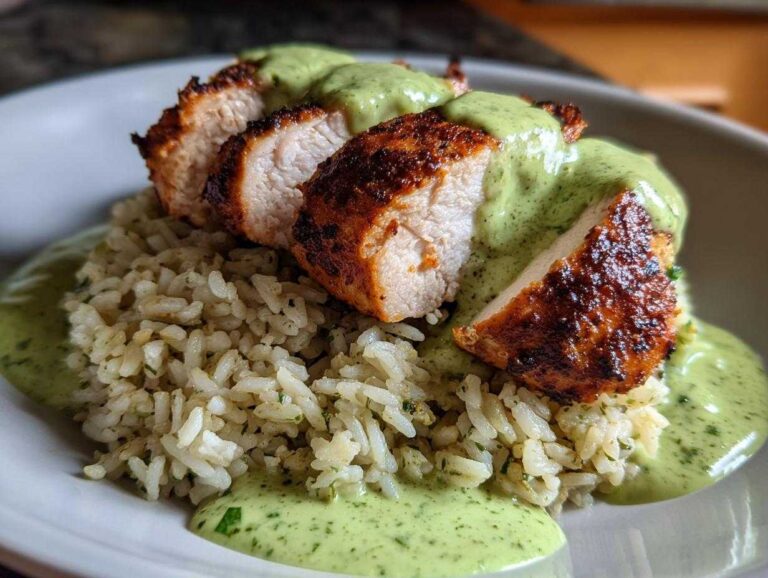 Amazing Peruvian Chicken and Rice with 1 Sauce Slices of seasoned, seared chicken breast served over rice and generously topped with a bright green sauce, classic Peruvian Chicken and Rice.