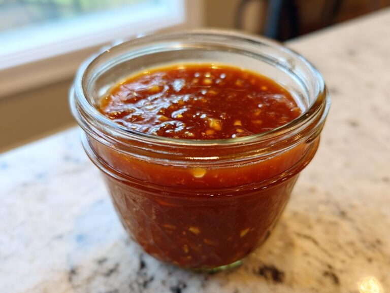 Close-up of homemade Pineapple Jalapeno Bourbon BBQ Sauce stored in a small glass jar on a granite countertop.
