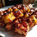 Close-up of perfectly grilled Pineapple Teriyaki Chicken Skewers coated in a shiny, dark teriyaki glaze.