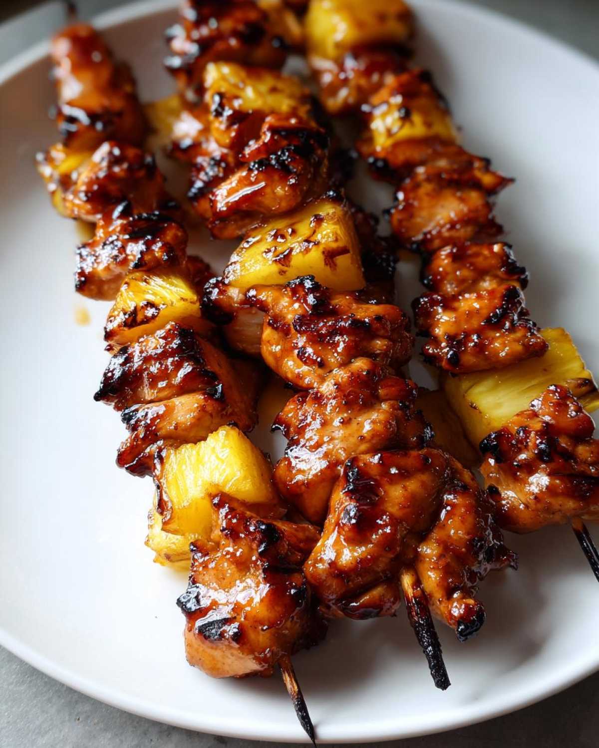 Close-up of three perfectly grilled Pineapple Teriyaki Chicken Skewers, glistening with a dark, caramelized glaze.