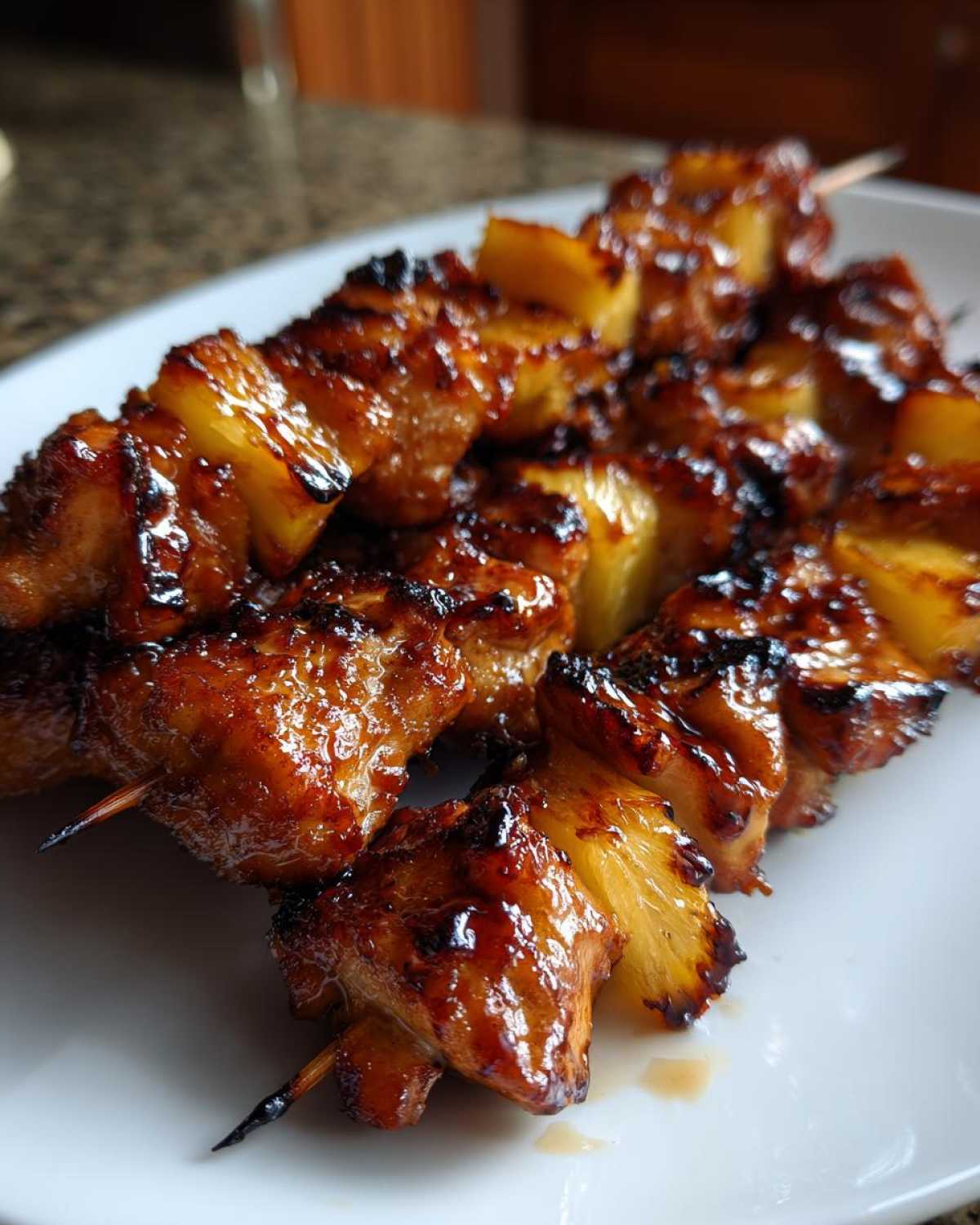 Close-up of several grilled Pineapple Teriyaki Chicken Skewers on a white plate, showing a sticky, dark glaze.