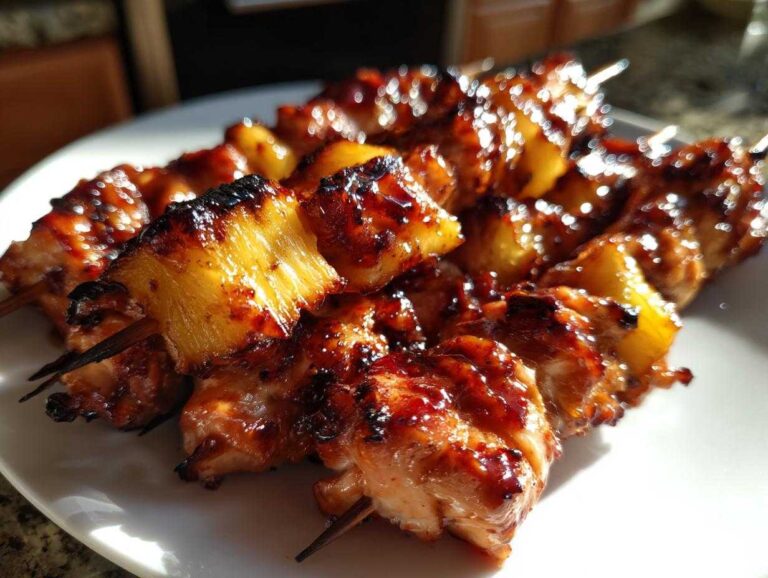 Close-up of perfectly grilled Pineapple Teriyaki Chicken Skewers coated in a shiny, dark teriyaki glaze.