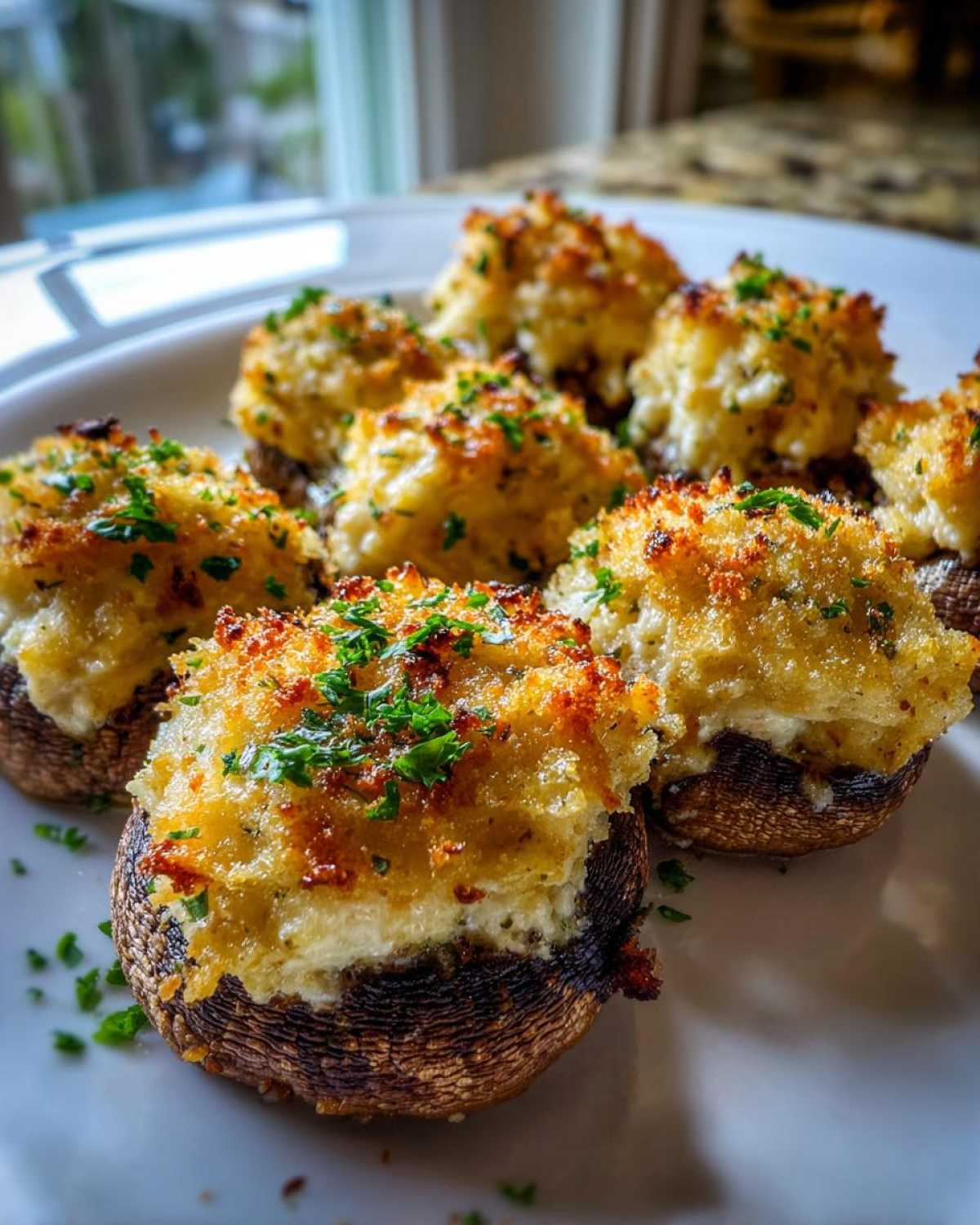 Close-up of several golden-brown Red Lobster Crab Stuffed Mushrooms topped with toasted breadcrumbs and fresh parsley.