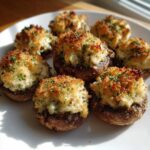Close-up of baked Red Lobster Crab Stuffed Mushrooms with golden, crispy topping and parsley garnish.