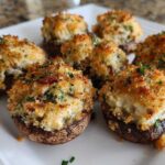 Six perfectly baked Red Lobster Crab Stuffed Mushrooms with a golden, crispy topping on a white platter.