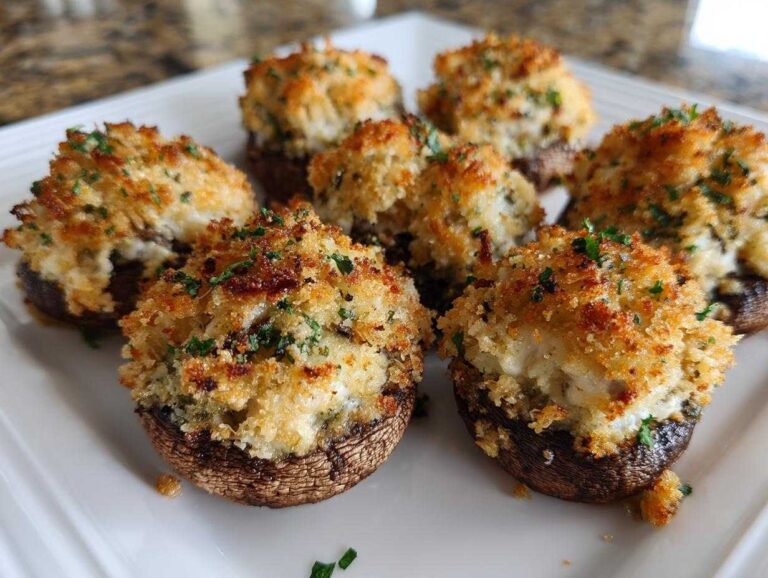 Six perfectly baked Red Lobster Crab Stuffed Mushrooms with a golden, crispy topping on a white platter.