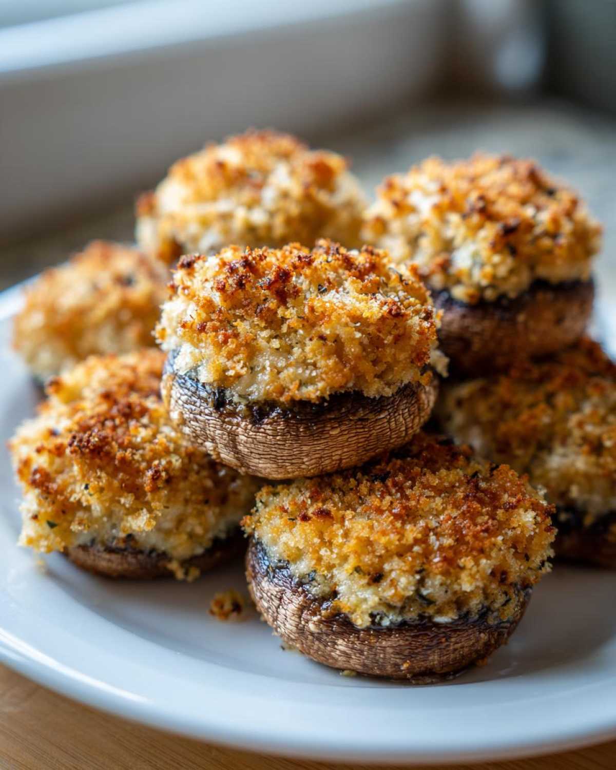 A stack of golden brown Red Lobster Crab Stuffed Mushrooms with a crispy breadcrumb topping on a white plate.